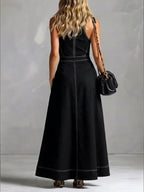 A-Line High Waisted Zipper Stand Collar Maxi Dresses