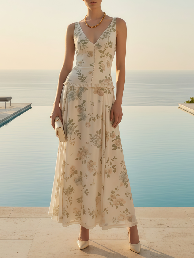 Women Off White Floral V Neck Sleeveless Romantic Top With Skirt Two-Piece Set
