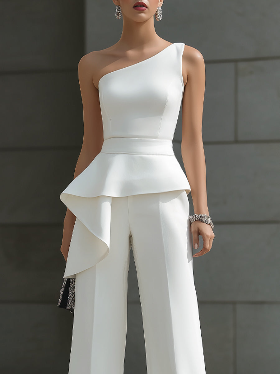 Asymmetric One-Shoulder Peplum Top & Wide-Leg Pants Set
