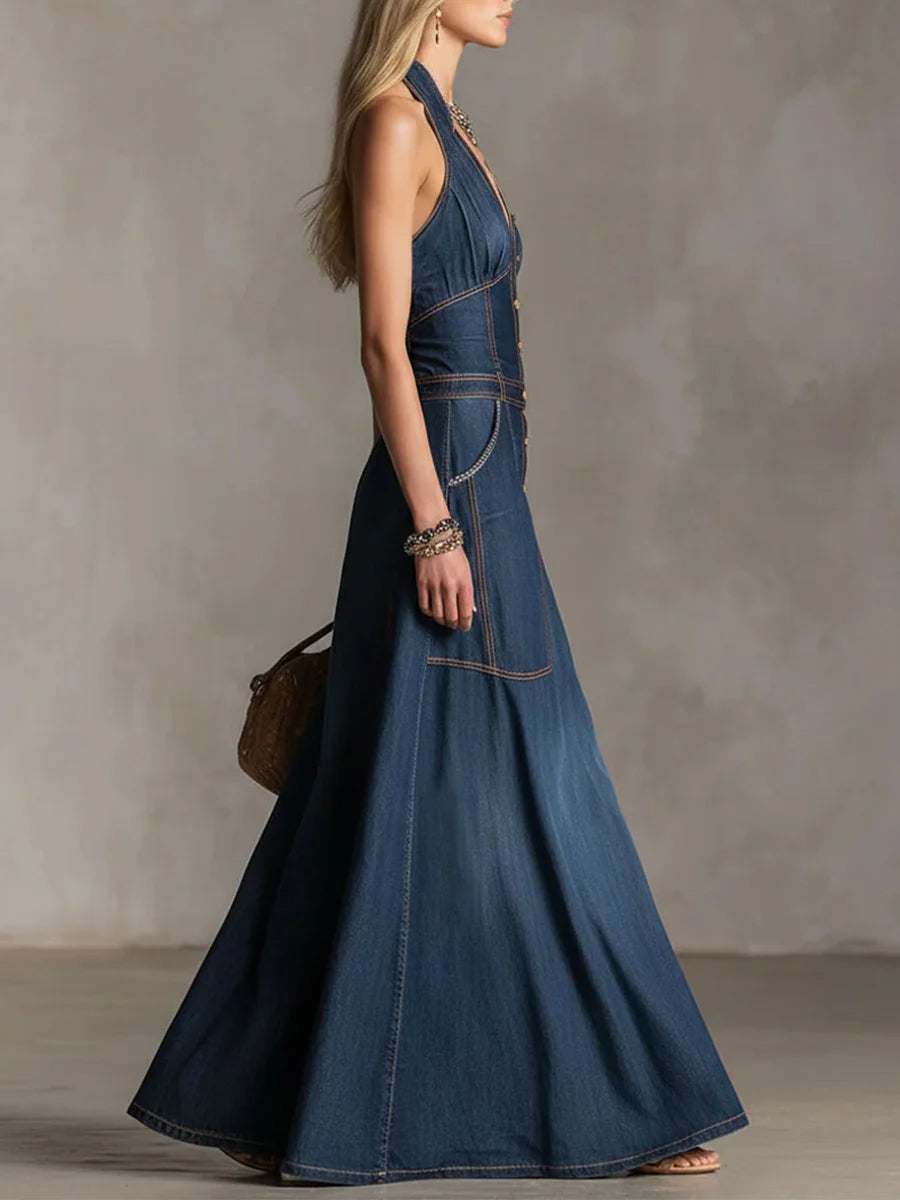 Stylish Slim Fit Sleeveless Denim Maxi Dress