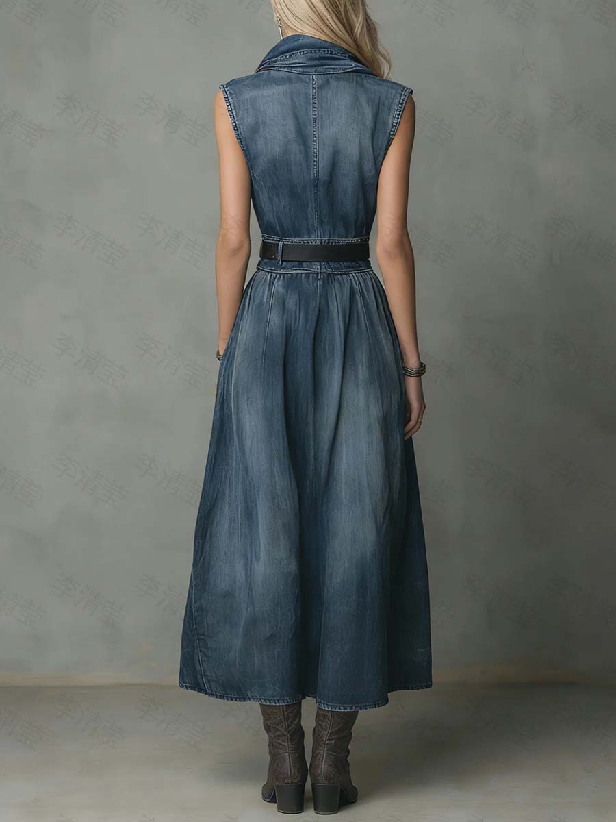 Women's Sleeveless Casual Loose Denim Dress With A Ruffled Neckline