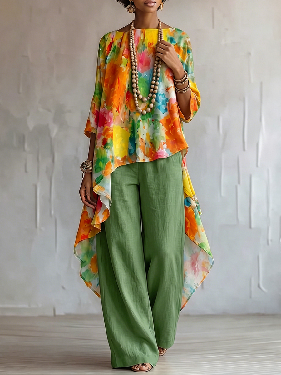 Retro Floral Print Cotton-linen Two-piece Set