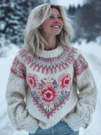 Boho Floral Knit Embroidered Art Women's Crew Neck Icelandic Sweater