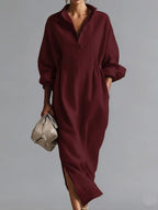 Women's Solid Color Lapel Long-sleeved Casual Loose Cotton Dress