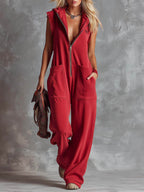 Women's Solid Color Sleeveless Casual Loose Hooded Cotton Wide-leg Jumpsuit