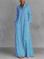 Women's Plaid Print V-neck Long-sleeved Casual Loose Cotton And Linen Dress
