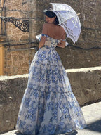 Organza Floral Print Tie Strap Maxi Dress