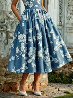 (SIZE:XS-XXL) Midi Linen Dress, Sleeveless, Linen Blend, Floral, Renaissance, Deep Blue