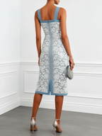 Light Blue Buckle Lace Denim Square Neck Sleeveless Sheath Midi Dress