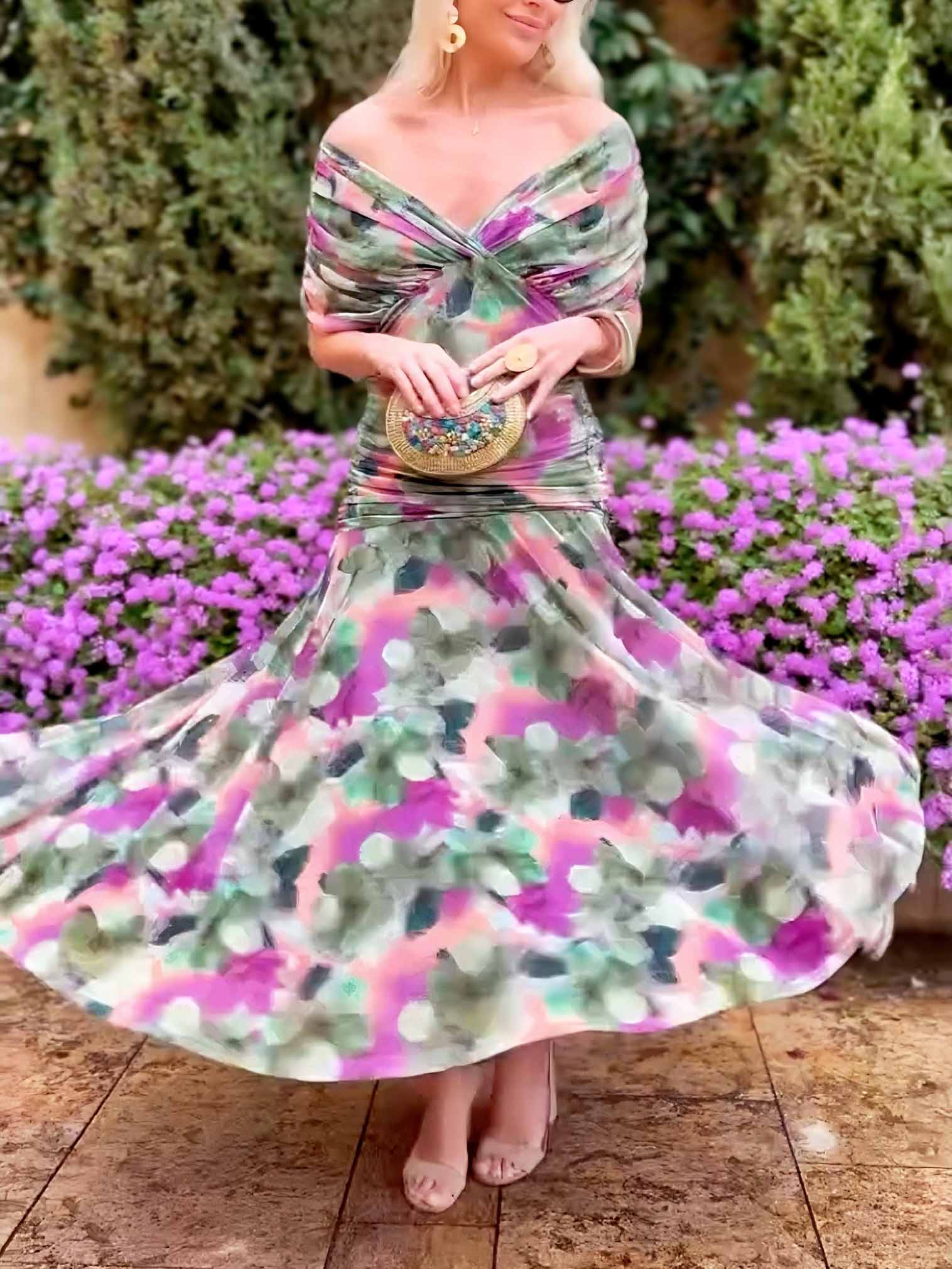 Elegant V-neck Fantasy Painted Floral Print Party Maxi Dress