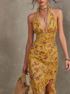 Ginger Yellow Floral Halter Neck Fitted Waist Chiffon Midi Dress