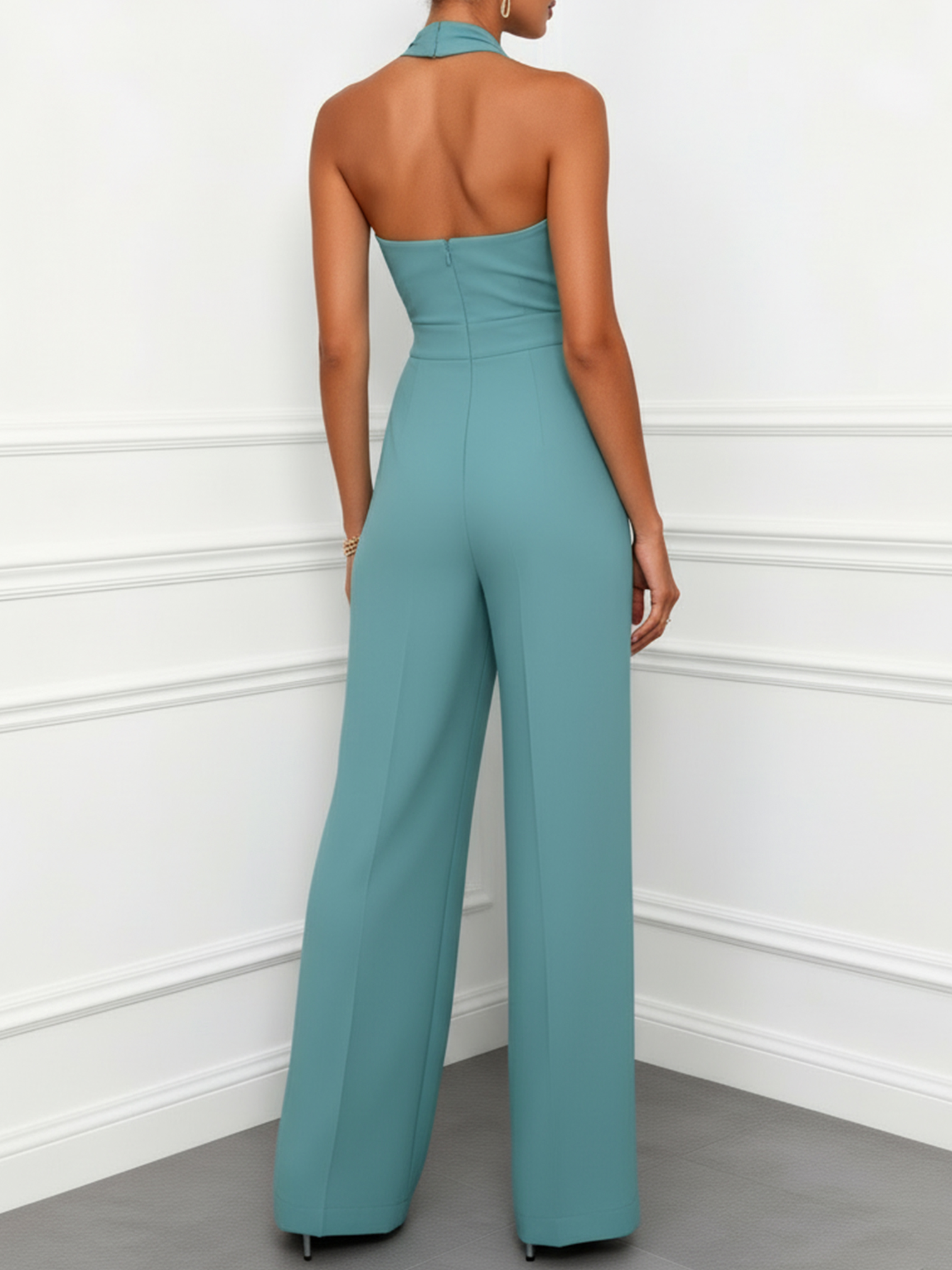 Women Cyan Halter Sleeveless Dressy Jumpsuit