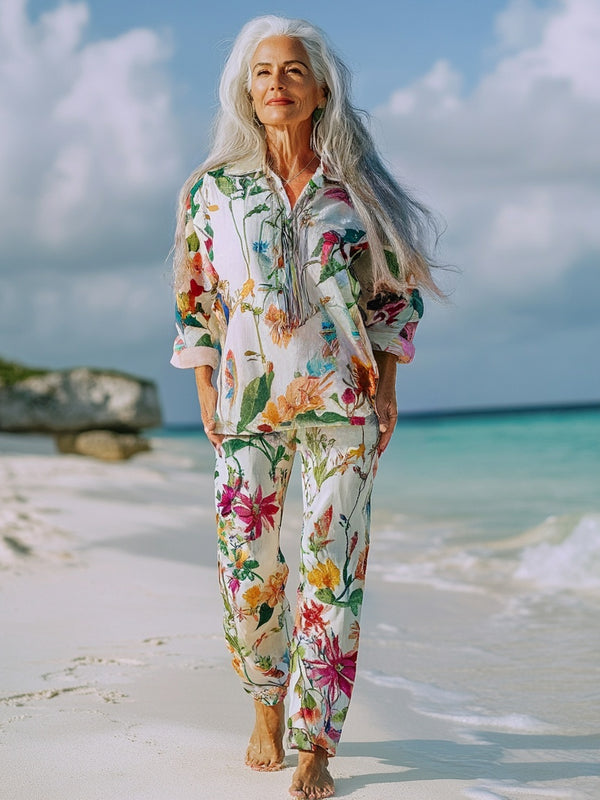 Vacation seaside elegant embroidery top + pant two piece set a4da