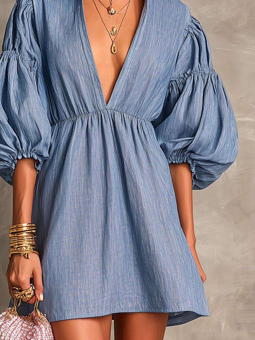 Dark Blue Deep V-neck Half Lantern Sleeve Ruffled Loose Mini Dress