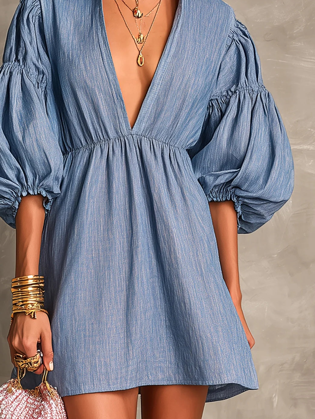 Dark Blue Deep V-neck Half Lantern Sleeve Ruffled Loose Mini Dress