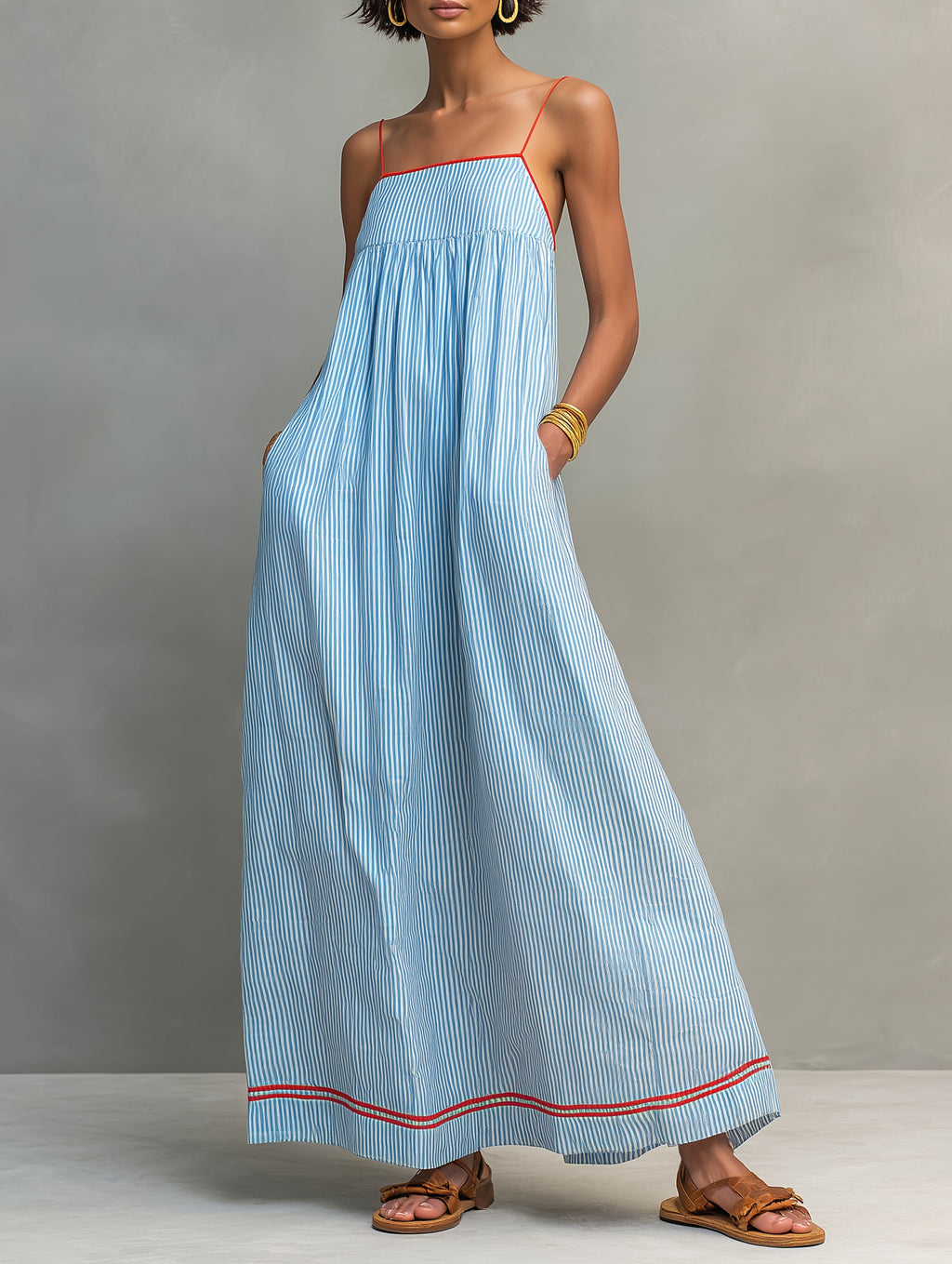 Minimalist Striped Maxi Dress with Red Piping and Thin Straps