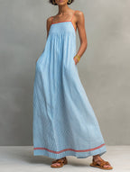 Minimalist Striped Maxi Dress with Red Piping and Thin Straps