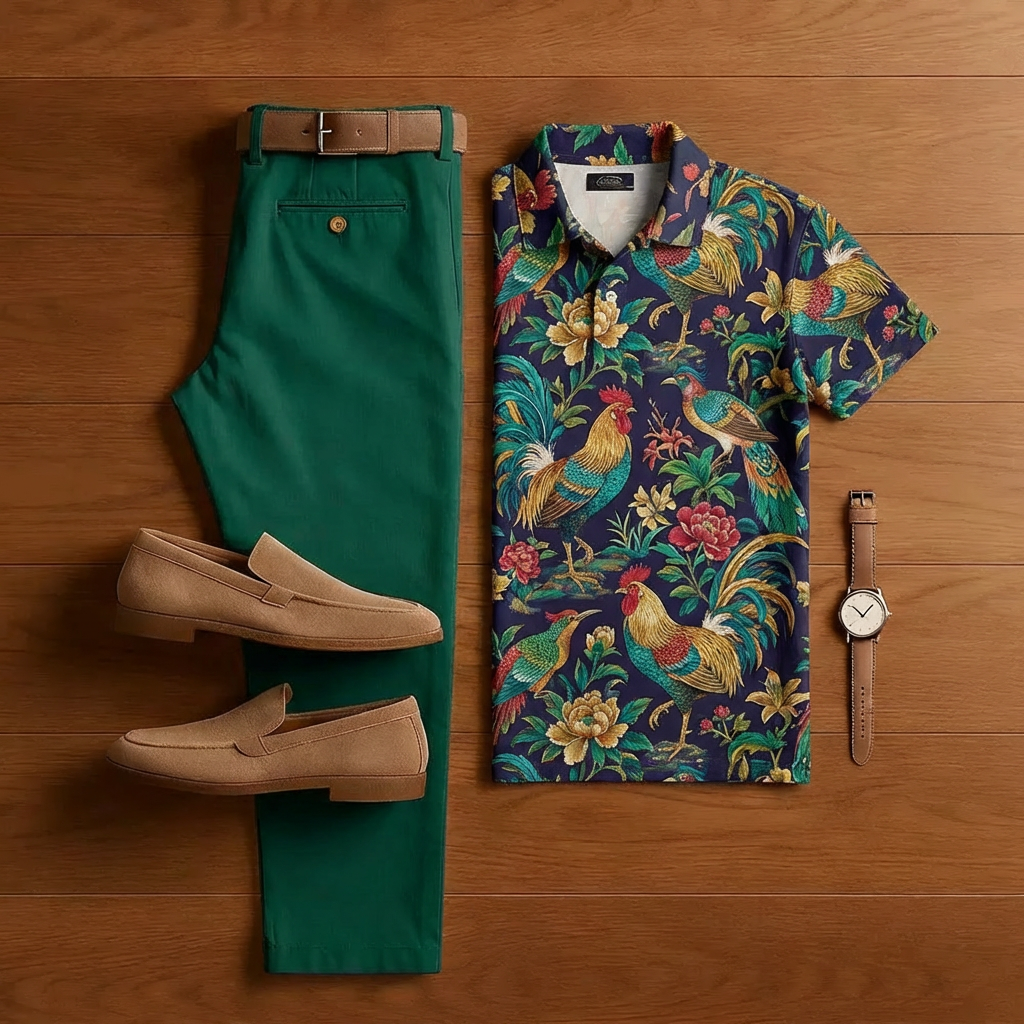 Men's Fashion Dark Blue Animal Print Short-Sleeve Shirt And Trousers Two-Piece Set
