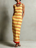 Women's Striped Print Sleeveless Casual Straight-cut Cotton-linen Dress With Shirt Collar
