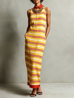 Women's Striped Print Sleeveless Casual Straight-cut Cotton-linen Dress With Shirt Collar