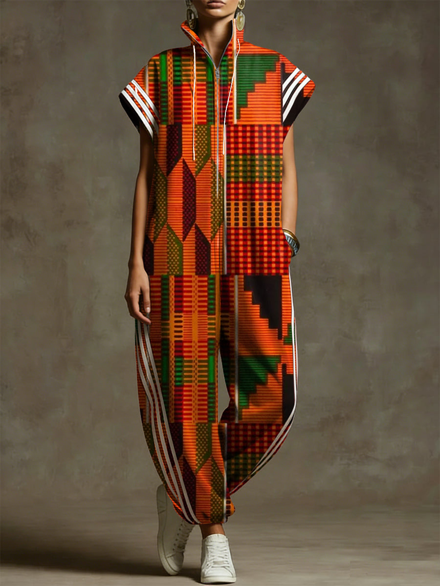Women's Exotic-style Vintage Geometric Totem Decorative Patterns Stand-collar Short-sleeved Casual Loose Cotton Wide-leg Jumpsuit