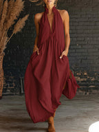 Elegant Resort-style Stand-collar Cotton Dress