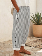 Casual & Cozy Striped Cotton-linen Pants With Side Buttons