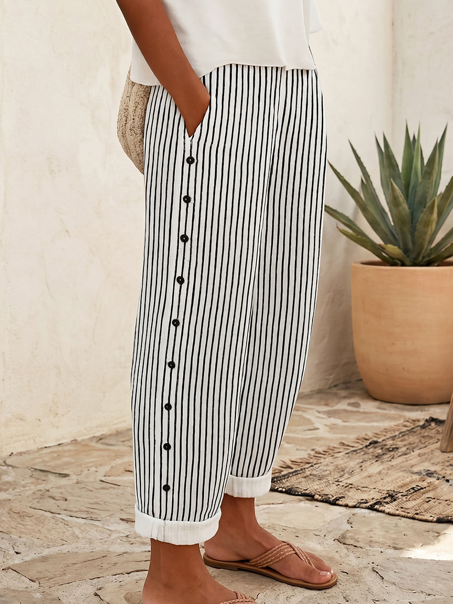 Casual & Cozy Striped Cotton-linen Pants With Side Buttons