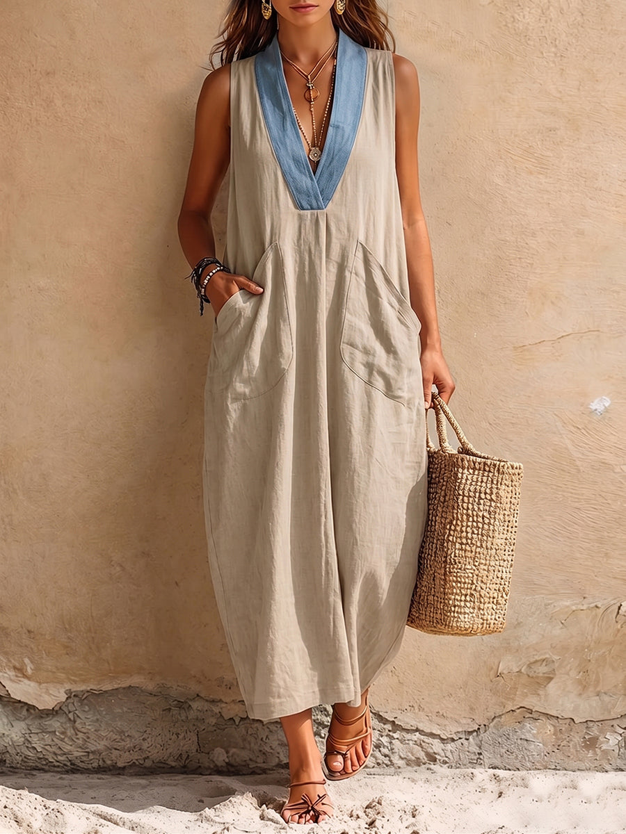 Elegant Color-block V-neck Cotton-linen Dress