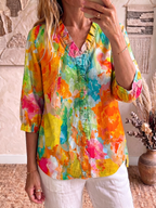 Glamorous Artistic Watercolor Cotton-linen Blouse