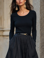 Maxi Dress, 100% Wool Top with Cotton Skirt, Long Sleeves, Round Neck, Plain, Belt Design, French Vintage, Black