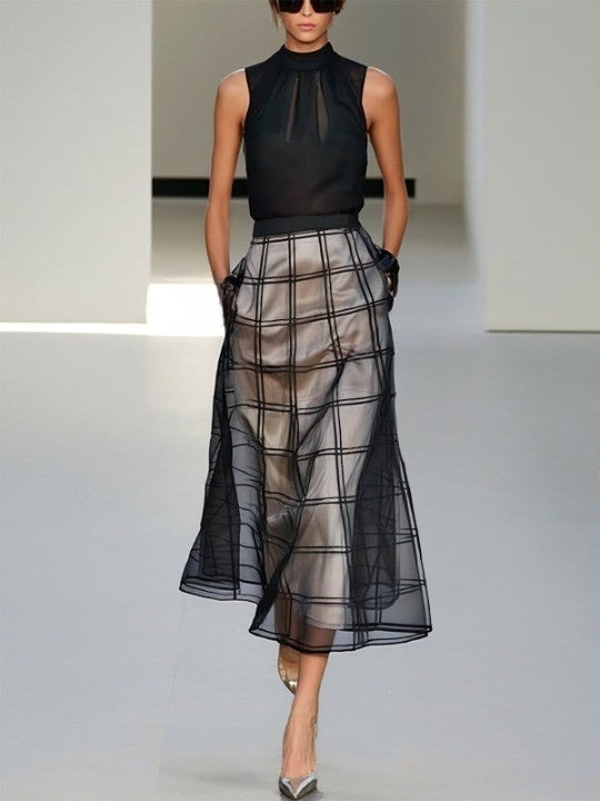 Black Organza Plaid Classic Sleeveless  Midi Dress
