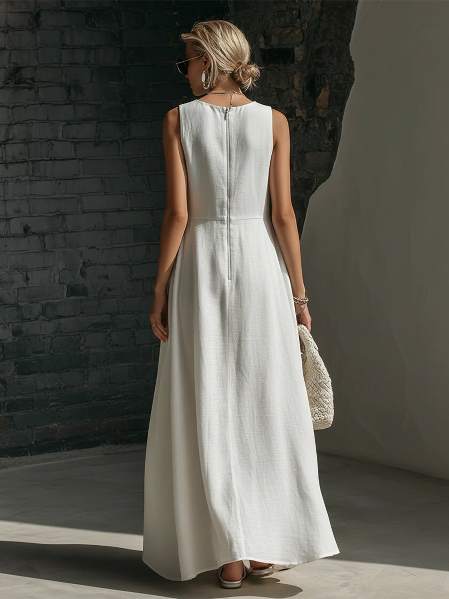 Stylish Minimalist Cutout Waist Linen-cotton Dress