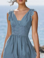 (SIZE:XS-XXL)Linen Maxi Dress, Sleeveless, V neck, Plain, Vintage, Cyan