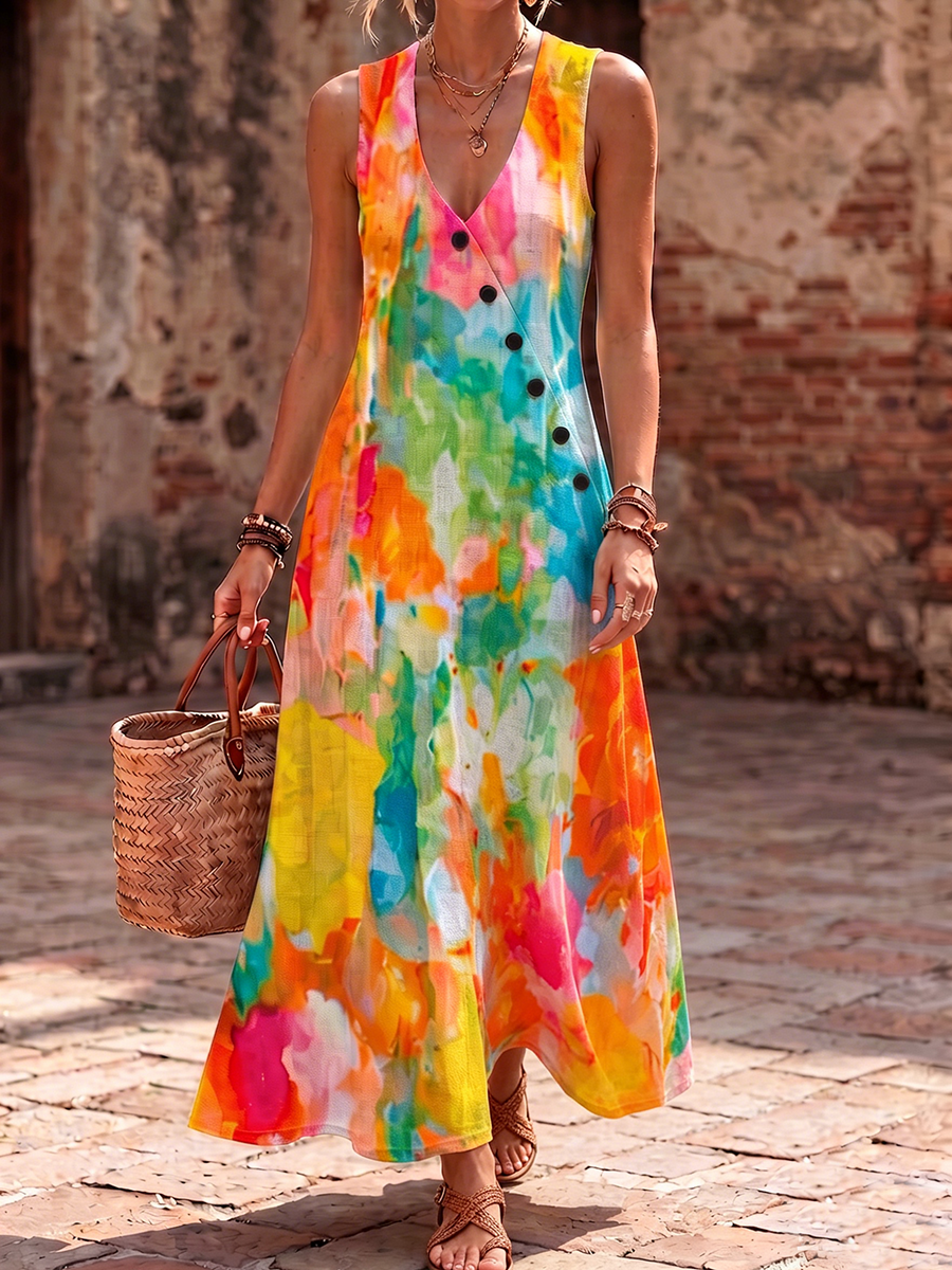 Artistic Watercolor Palette-print Cotton-linen Dress