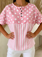 Artistic Polka Dot & Stripe Cotton-linen Blouse
