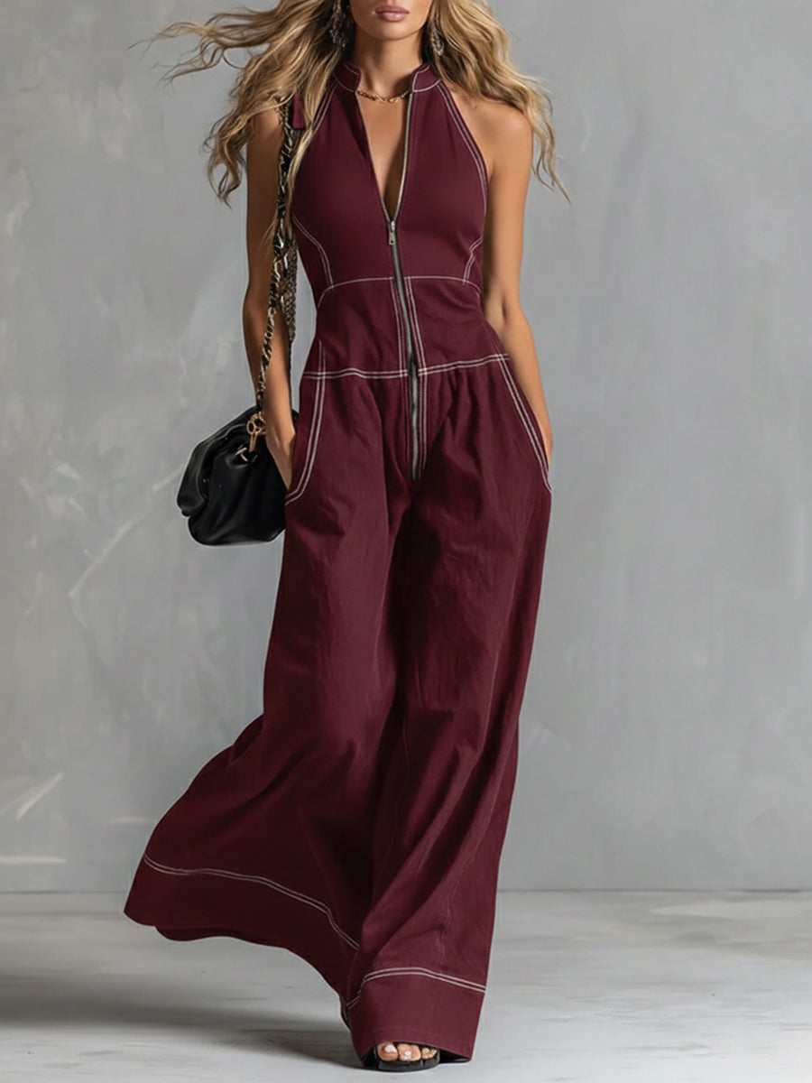 Casual Zippered Cotton Jumpsuit