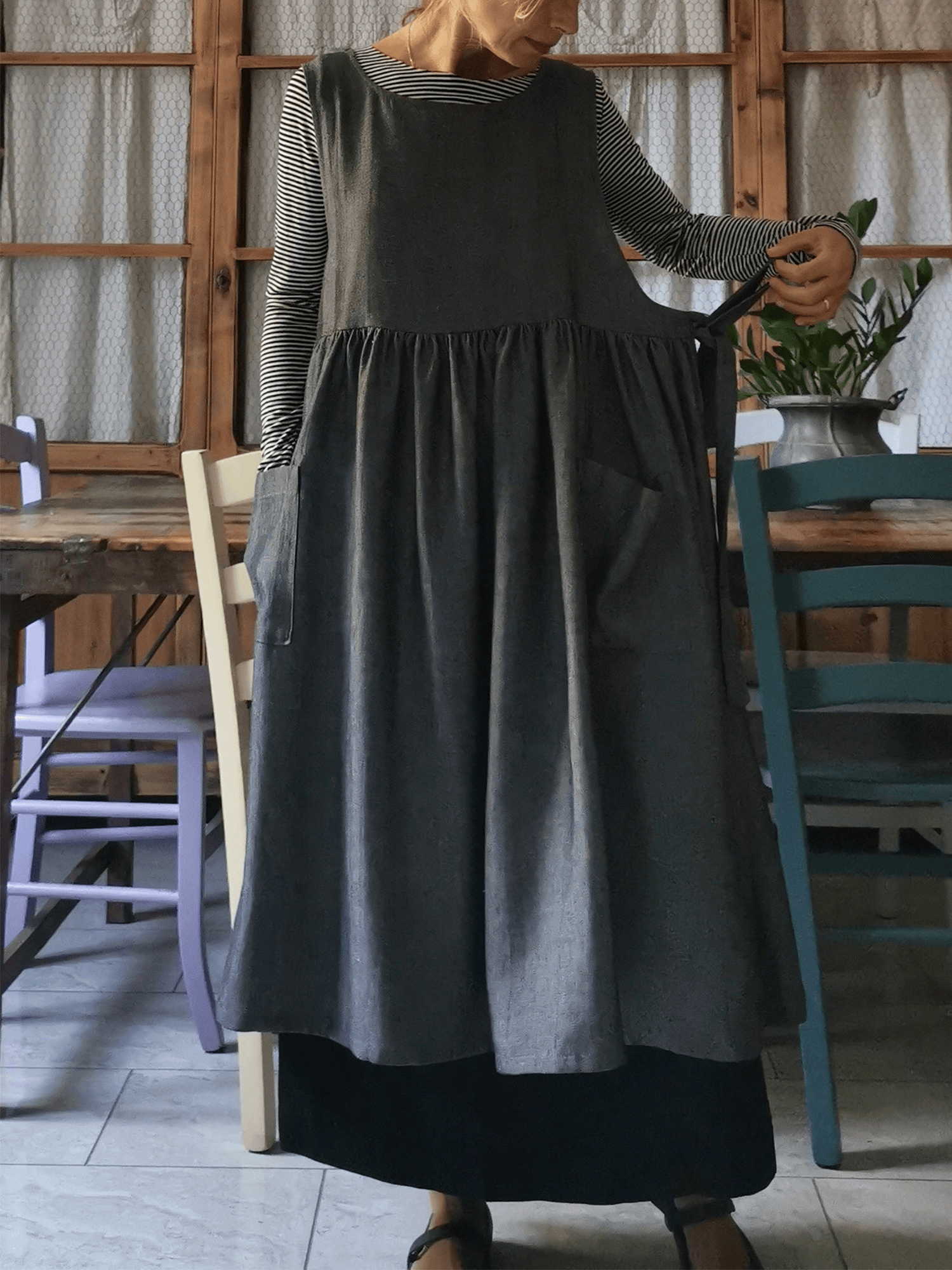 Grey Herringbone Linen Apron with Pockets
