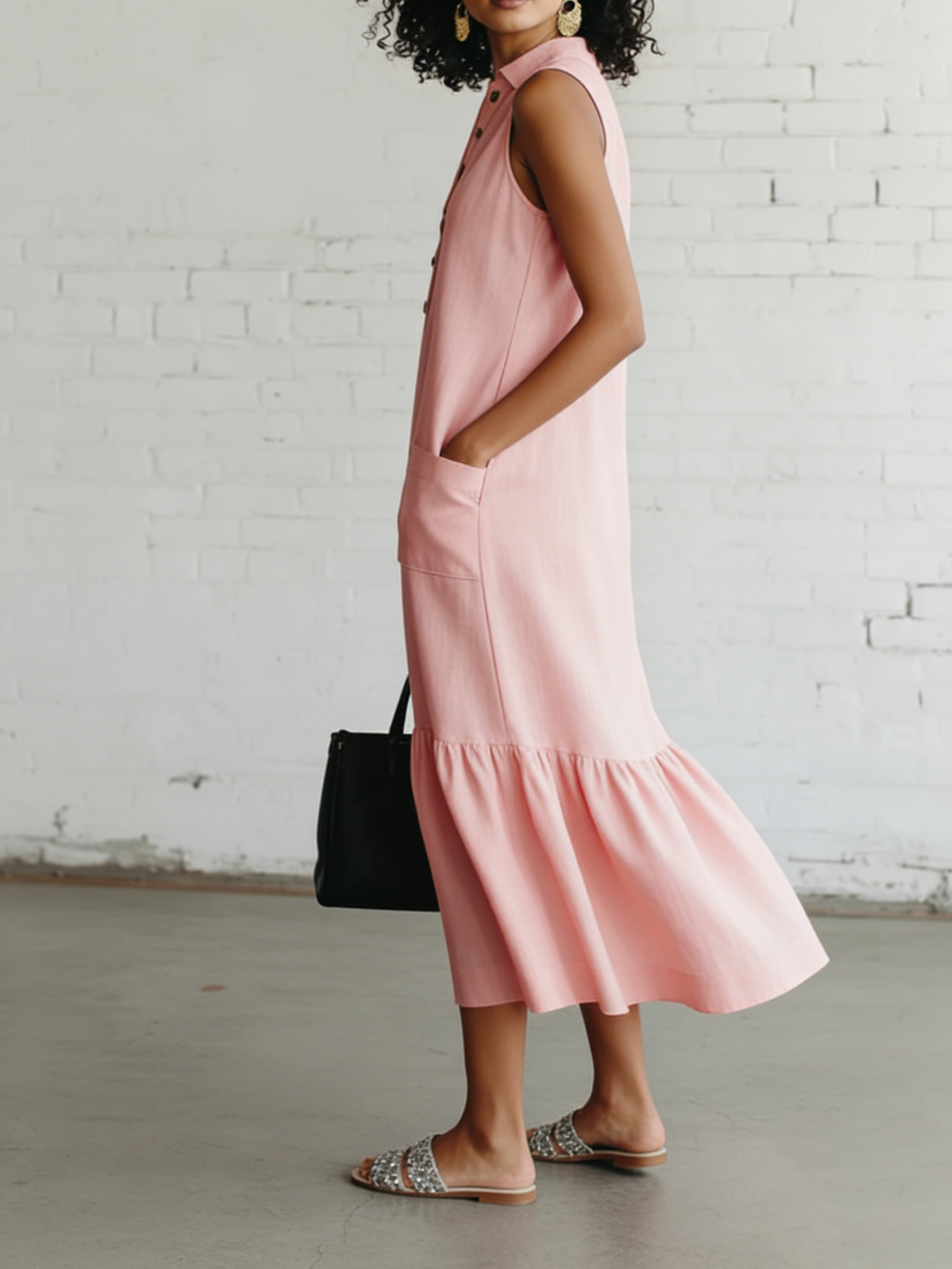 Elegant Cozy Lapel Ruffled Hem Linen-cotton Dress