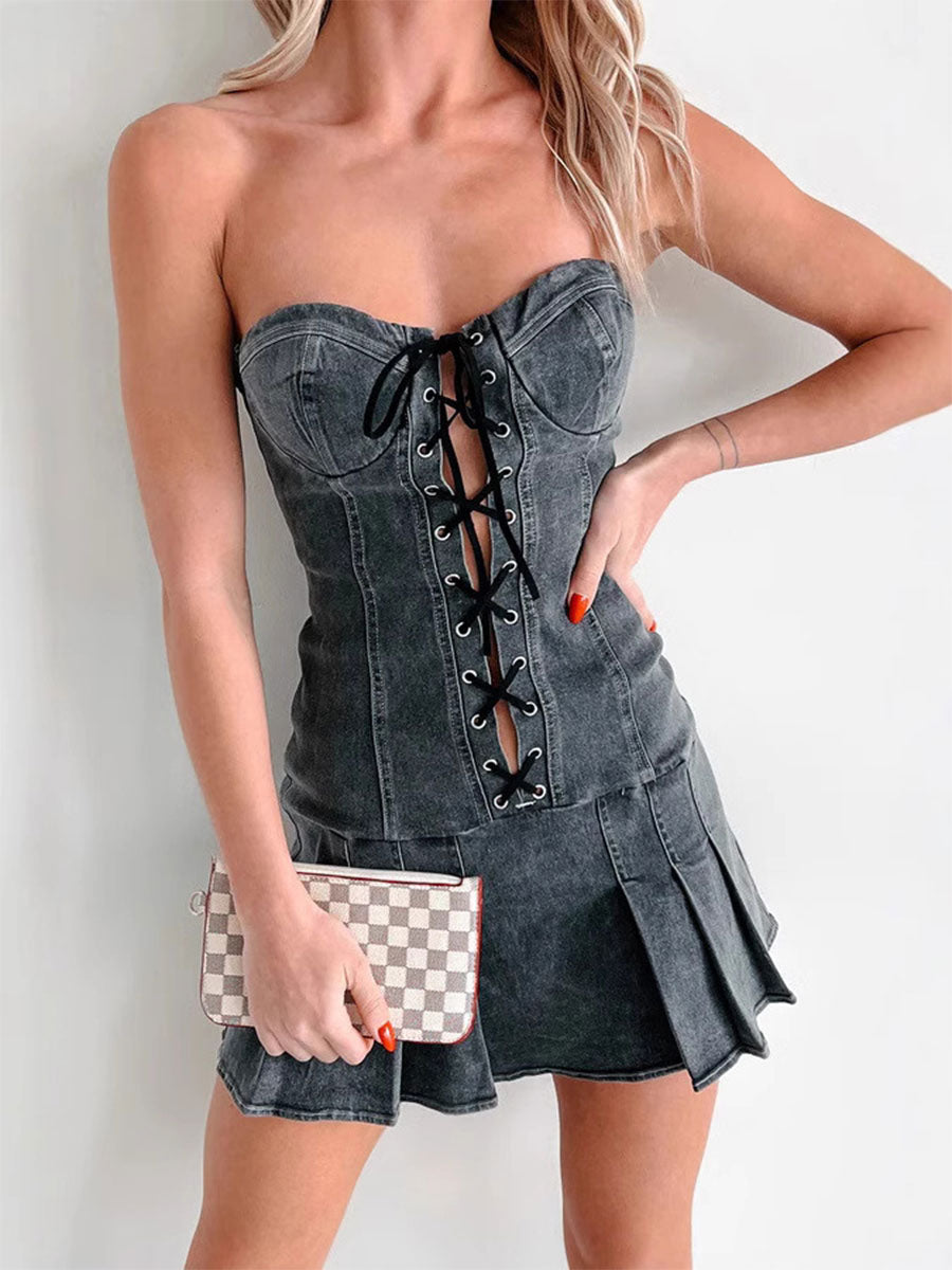Women's Low-waist Strappy Bandeau Denim Dress