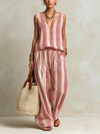 Women's Casual V-Neck Striped Top and Wide-Leg Pants Set