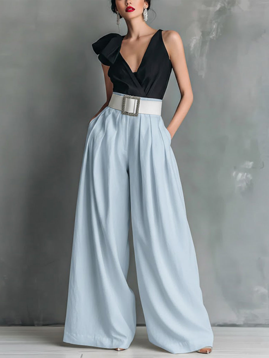 Women's Solid Color High-waisted Casual Loose Cotton Wide-leg Pants