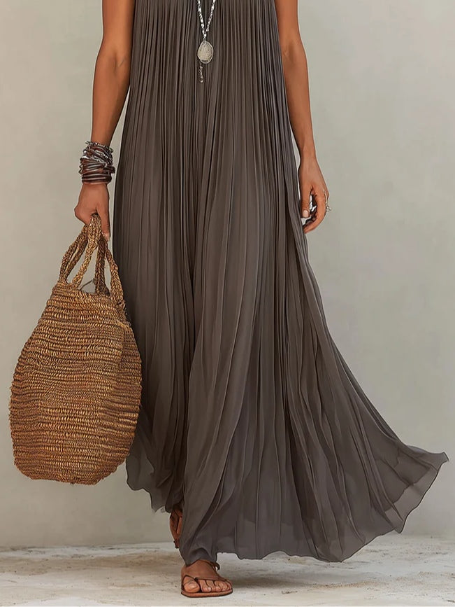 Gray Halter Neck Pleated Loose Chiffon Maxi Dress