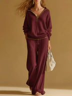 Women's Cardigan Collar Long-sleeved Casual Loose Top And High-waisted Casual Loose Wide-leg Pants Knitted Set