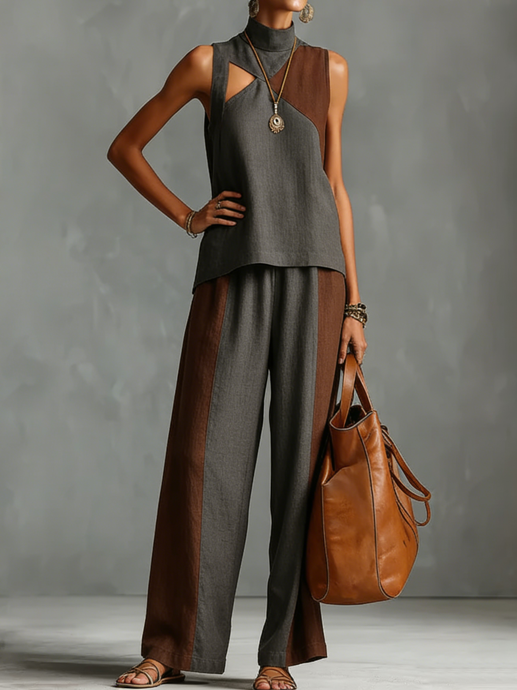 Artistic Color-blocked Cozy Linen Cotton Two-piece Set