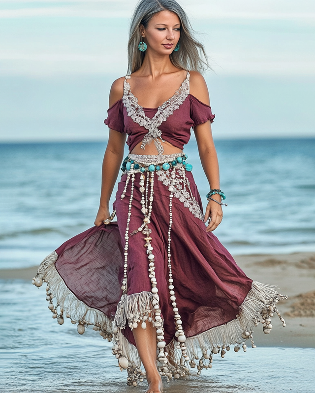 Summer Vacation Seaside Turquoise Beaded Linen Top & Skirt Two-piece Set 0847