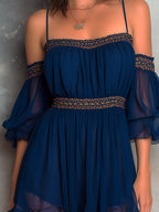 Navy Off-Shoulder Chiffon Mini Dress with Ruffles and Piping