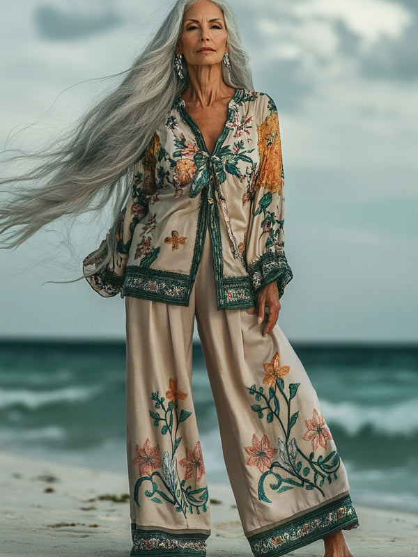 Vacation seaside elegant embroidery top + pant two piece set 3d13