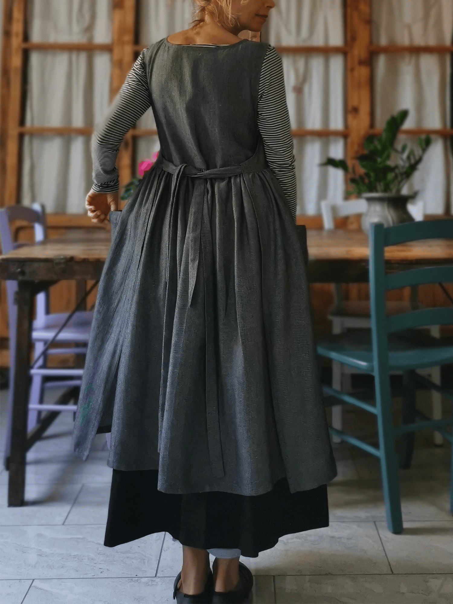 Grey Herringbone Linen Apron with Pockets