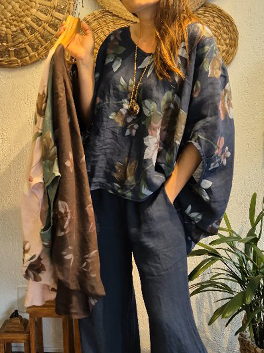 Casual Loose-fitting Floral Print Linen And Cotton Top